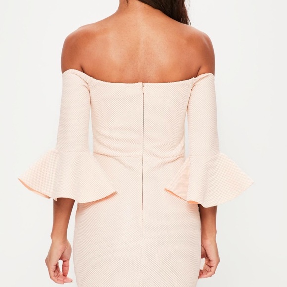 Dresses & Skirts - Nude Frill Sleeve Off the Shoulder Bodycon Dress